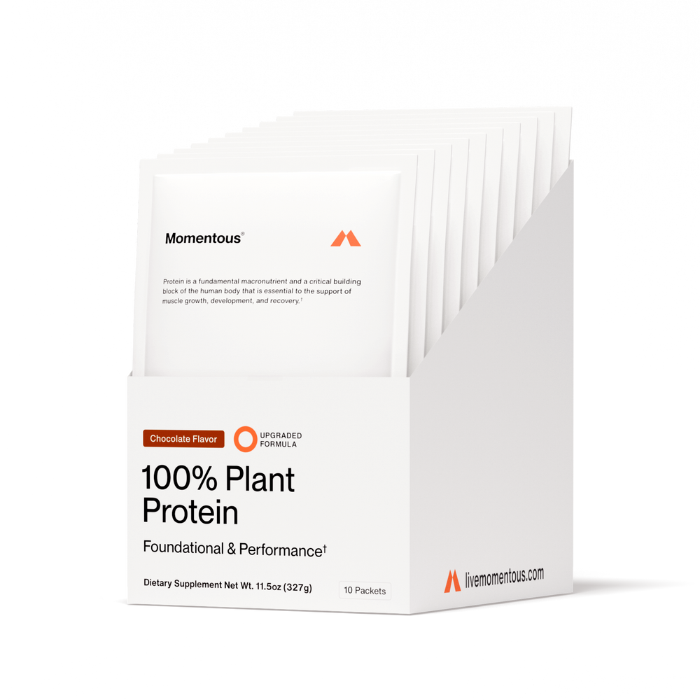 Box containing multiple 100% Plant Protein 10-Travel Packs in chocolate flavor, designed as a dietary supplement for foundational and performance nutrition.