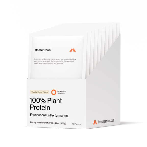 Display box of 100% Plant Protein 10-Travel Packs in vanilla spice flavor featuring individual white packets arranged inside, designed for on-the-go wellness supplementation.