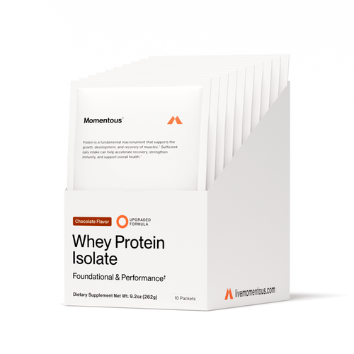 Box of Whey Protein Isolate 10-Travel Packs in chocolate flavor displayed with individual white packets, highlighting a dietary supplement for wellness and recovery.