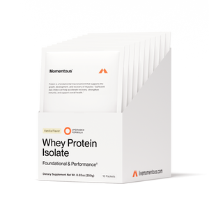 Whey Protein Isolate 10-Travel Packs in a white box featuring individual vanilla-flavored packets arranged neatly for convenient use as a wellness supplement supporting muscle recovery and overall health.