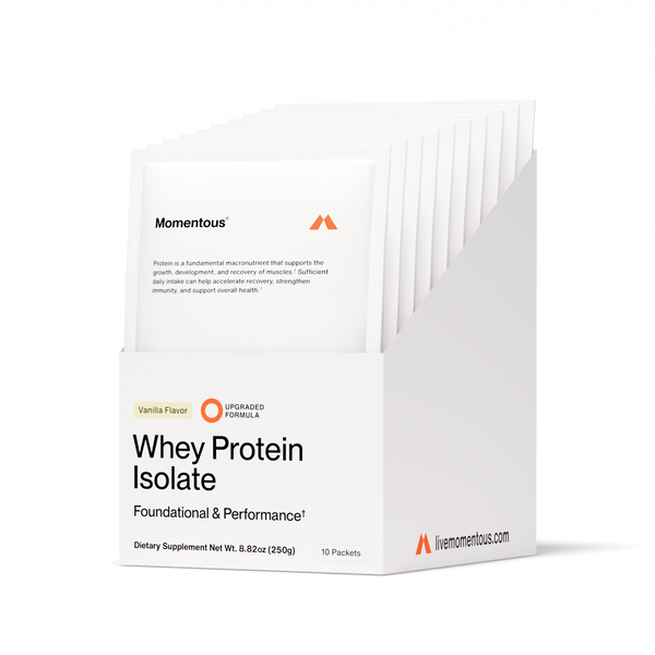 Whey Protein Isolate 10-Travel Packs in a white box featuring individual vanilla-flavored packets arranged neatly for convenient use as a wellness supplement supporting muscle recovery and overall health.