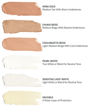 Color swatches showing different shades and tones including Ehukai Beige, a medium beige with neutral undertones, for the Ehukai Beige Sunscreen Face Stick SPF 38 | Vertra skincare product.