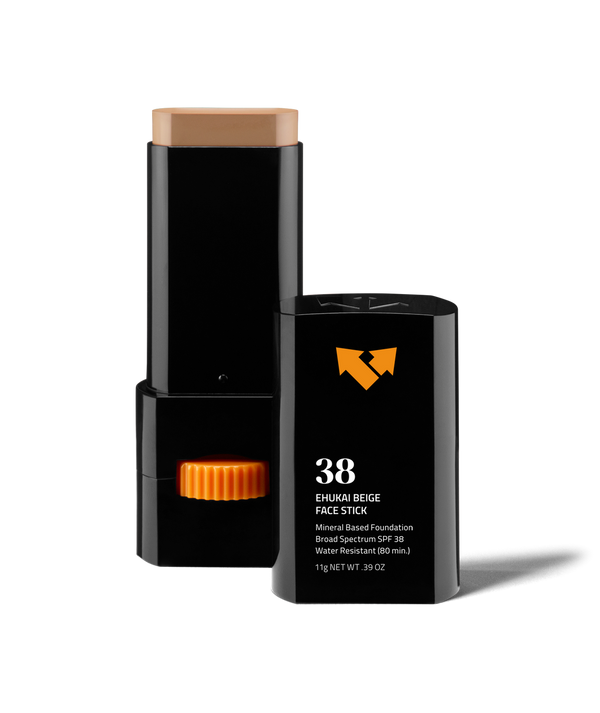 Ehukai Beige Sunscreen Face Stick SPF 38 | Vertra, a mineral-based foundation with broad spectrum SPF 38 and water resistance, in a convenient stick form for easy skincare application.