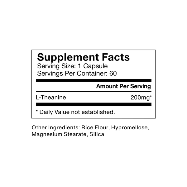 Supplement facts label for Adaptogen Stack showing ingredients including L-Theanine, with detailed nutritional information and dosage instructions for this wellness supplement.