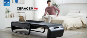 CERAGEM V6 Therapeutic Thermal Home Massager | Ceragem displayed in a modern bedroom with a man sitting on the bed, highlighting wellness and recovery tool features.
