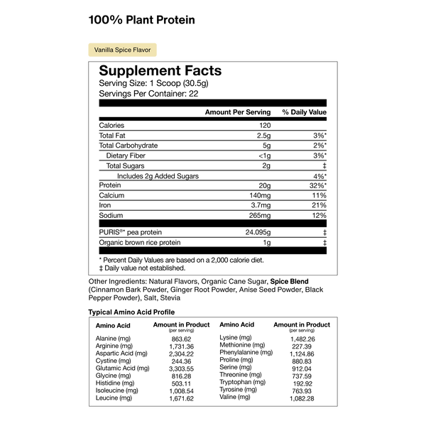 Nutrition facts label for 100% Plant Protein Powder in vanilla spice flavor, showing serving size, calories, and detailed nutrient content including protein, vitamins, and minerals.