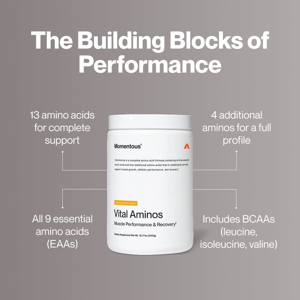 White container of Vital Aminos dietary supplement by Momentous with tropical punch flavor, designed to support muscle performance and recovery.
