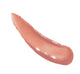 An open tube of Vitamin Glaze® Oil Infused Lip Gloss – Peach Peony | Farmhouse Fresh with a wand applicator hovering above a glossy peach-colored spill on a soft pink background.