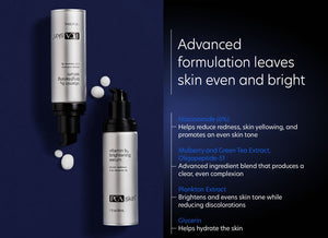 Two silver bottles of Vitamin B3 Brightening Serum | PCA Skin on a dark background next to text highlighting key ingredients like niacinamide, mulberry and green tea extract, plankton extract, and glycerin, emphasizing skin brightening and hydration benefits.