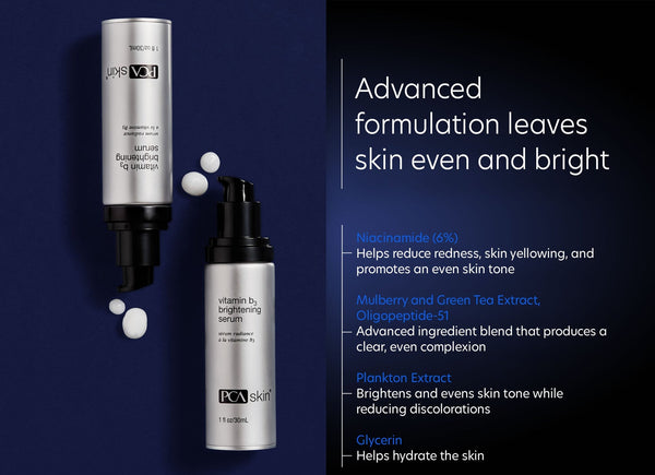 Two silver bottles of Vitamin B3 Brightening Serum | PCA Skin on a dark background next to text highlighting key ingredients like niacinamide, mulberry and green tea extract, plankton extract, and glycerin, emphasizing skin brightening and hydration benefits.