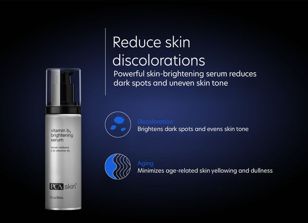 Bottle of Vitamin B3 Brightening Serum | PCA Skin displayed next to text highlighting its ability to reduce skin discolorations, dark spots, and signs of aging for a more even complexion.