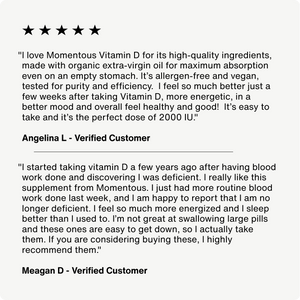 Customer reviews praising the effectiveness and quality of Vitamin D3 2000 IU, highlighting benefits like improved energy, mood, easy digestion, and allergen-free vegan ingredients.