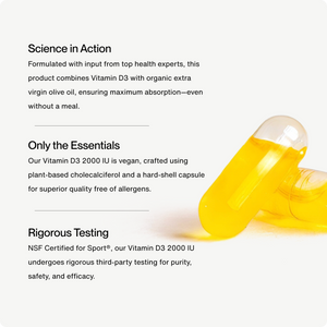 Close-up view of two translucent golden capsules representing Vitamin D3 2000 IU, emphasizing purity, plant-based ingredients, and rigorous third-party testing for wellness supplements.