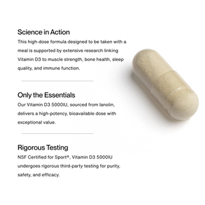 Vitamin D3 5000 IU capsule beside educational text about muscle strength bone health sleep quality and immune function wellness supplements