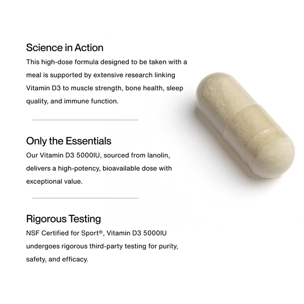 Vitamin D3 5000 IU capsule beside educational text about muscle strength bone health sleep quality and immune function wellness supplements