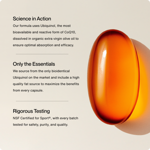 Close-up of a translucent amber Ubiquinol supplement capsule highlighting its bioavailable CoQ10 formula dissolved in organic extra virgin olive oil for optimal absorption and efficacy.