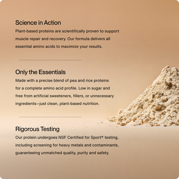 100% Plant Protein Powder with a mound of plant-based protein powder beside educational text about amino acids clean ingredients and NSF Certified for Sport testing