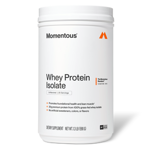 Container of Whey Protein Isolate dietary supplement featuring 25 servings of unflavored powder promoting health and lean muscle support without artificial additives.