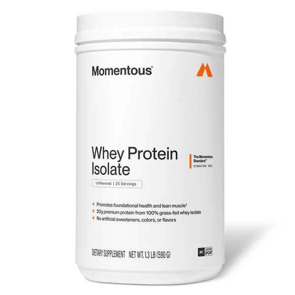 Container of Whey Protein Isolate dietary supplement featuring 25 servings of unflavored powder promoting health and lean muscle support without artificial additives.