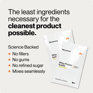 Whey Protein Isolate 10-Travel Packs shown as two white protein pouches with no fillers no gums no refined sugar and seamless mixing