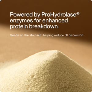 Close-up of a fine light beige powder with text highlighting Whey Protein Isolate powered by ProHydrolase enzymes for enhanced protein breakdown, gentle on the stomach and reducing GI discomfort.