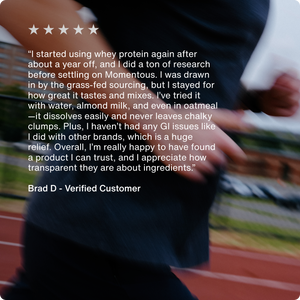Customer review praising Whey Protein Isolate for its taste, mixability, and digestive comfort, highlighting trust in the product’s transparent ingredients and quality sourcing.