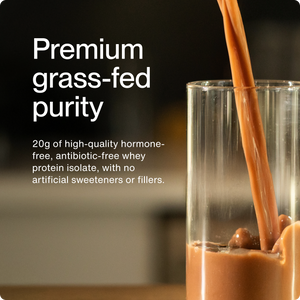 Whey Protein Isolate shown as a creamy chocolate protein shake in a glass with premium grass fed purity messaging for wellness supplements