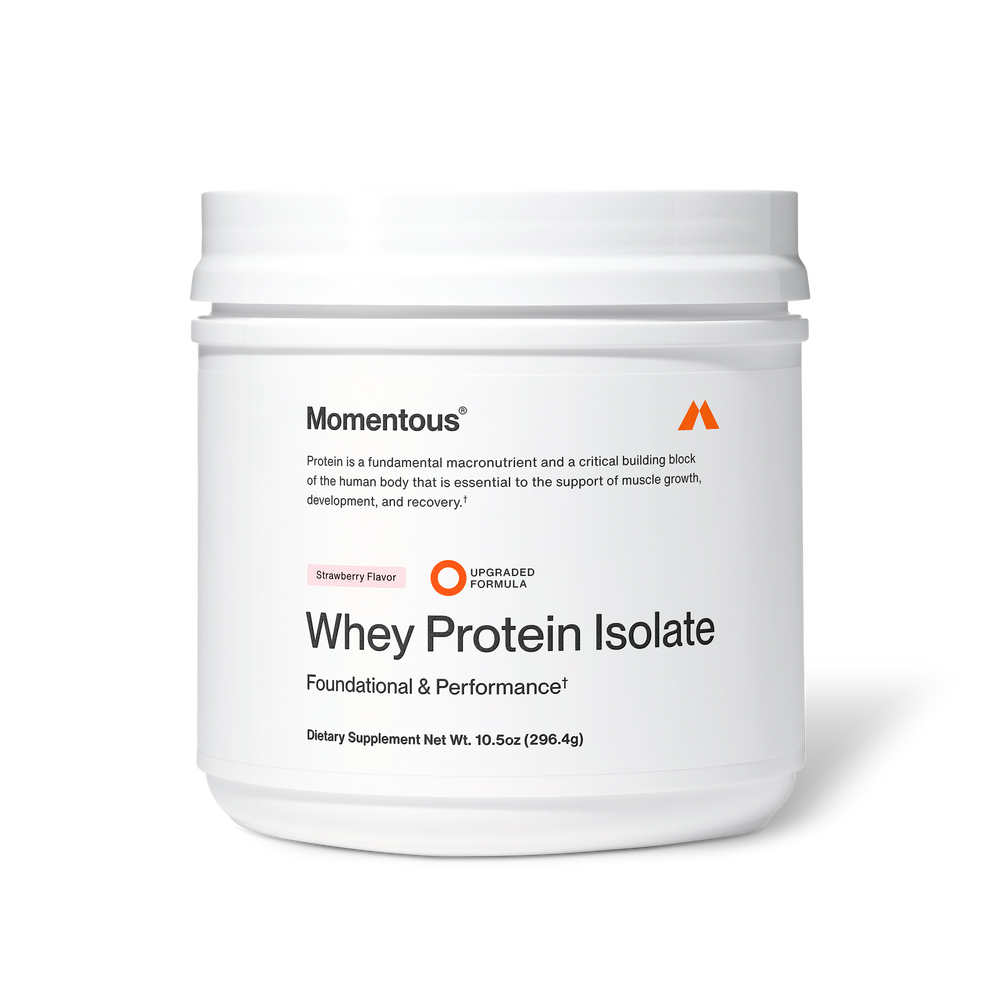 Container of Whey Protein Isolate - Flavor Series dietary supplement in strawberry flavor with a clean white label emphasizing muscle recovery and performance.