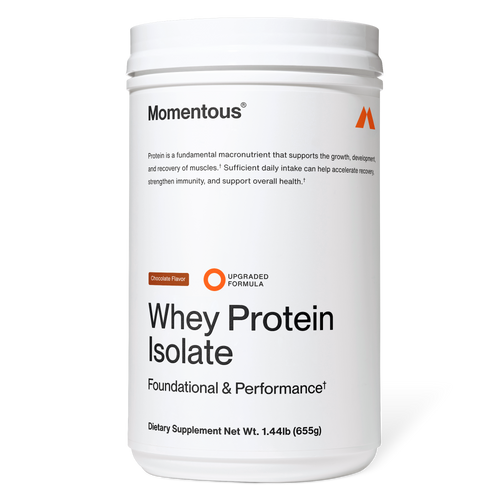 Container of Momentous Whey Protein Isolate dietary supplement in chocolate flavor, designed to support muscle growth, recovery, and overall wellness.