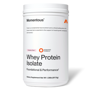 Container of Whey Protein Isolate dietary supplement in strawberry flavor with a clean white label emphasizing foundational and performance benefits for muscle growth and recovery.