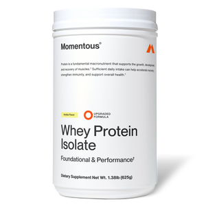 Container of Whey Protein Isolate dietary supplement with vanilla flavor, promoting muscle growth, development, recovery, and overall health support.