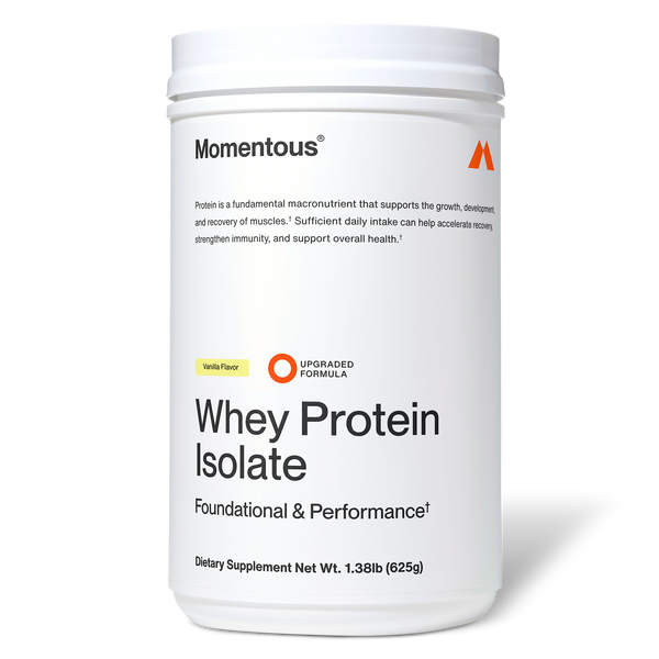 Container of Whey Protein Isolate dietary supplement with vanilla flavor, promoting muscle growth, development, recovery, and overall health support.