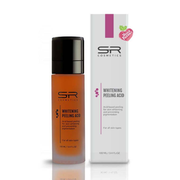 Bottle and packaging of Whitening Peeling Acid | SR Cosmetics, an acid-based peeling product for skin whitening and pigmentation prevention suitable for all skin types.