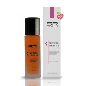 Bottle and packaging of Whitening Peeling Acid | SR Cosmetics, an acid-based peeling product for skin whitening and pigmentation prevention suitable for all skin types.