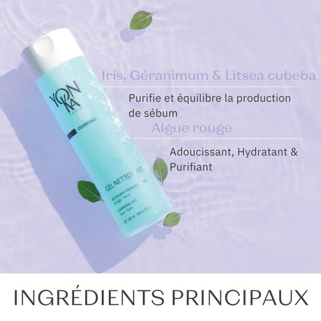 Gel Nettoyant Cleanser | Yon-Ka Paris bottle on a lavender background with leaves, highlighting main skincare ingredients Iris, Geranium, Litsea cubeba, and red algae for purifying, hydrating, and balancing sebum production.