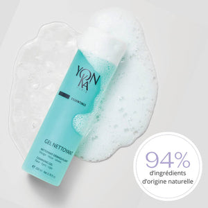 Clear bottle of Gel Nettoyant Cleanser | Yon-Ka Paris with foam and gel texture, highlighting 94 percent natural origin ingredients for gentle skincare and cleansing.