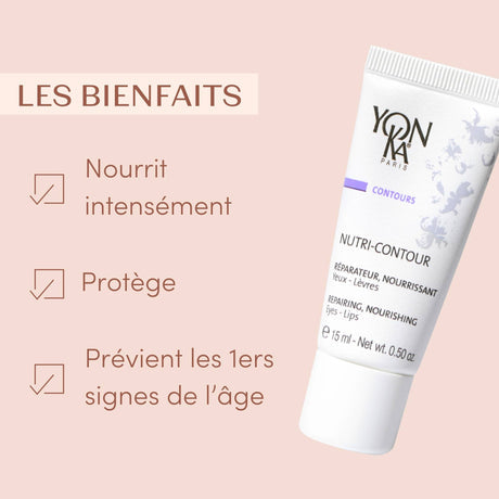 Tube of Nutri-contour | Yon-Ka nourishing and repairing skincare product for eyes and lips, designed for gentle contour care in a minimalist white and purple packaging.