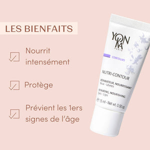 Tube of Nutri-contour | Yon-Ka nourishing cream for eyes and lips against a soft pink background with benefits in French, highlighting intense nourishment, protection, and age prevention.