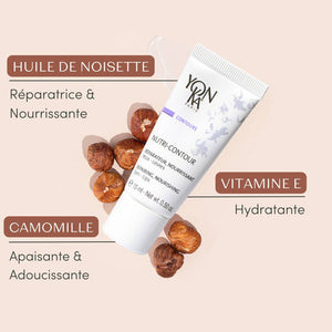 Nutri-contour | Yon-Ka cream tube surrounded by hazelnuts highlighting nourishing hazelnut oil, soothing chamomile, and hydrating vitamin E for skincare and wellness.