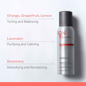 Men’s Lotion YK - Phyto-Tonic Aftershave I Yon-Ka Paris bottle with benefits highlighting toning and balancing with orange, grapefruit, lemon; purifying and calming with lavender; detoxifying and revitalizing with rosemary for skincare and wellness.