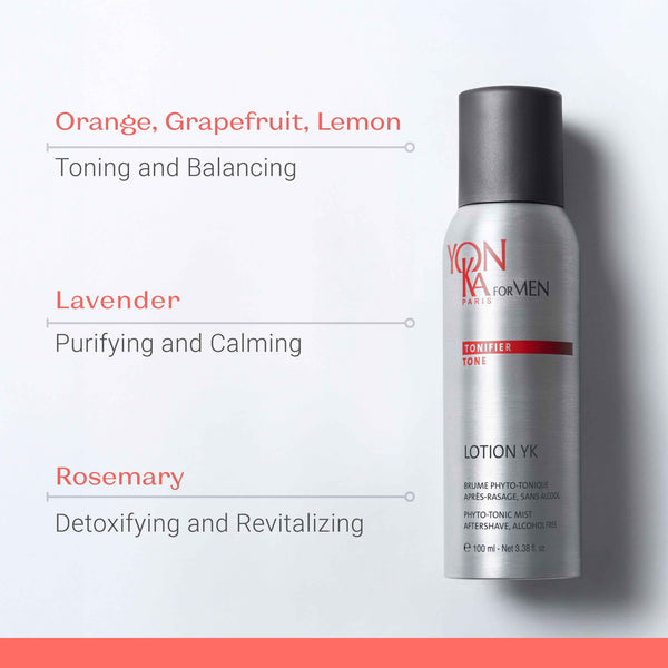 Men’s Lotion YK - Phyto-Tonic Aftershave I Yon-Ka Paris bottle with benefits highlighting toning and balancing with orange, grapefruit, lemon; purifying and calming with lavender; detoxifying and revitalizing with rosemary for skincare and wellness.