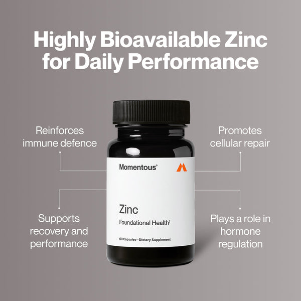 Zinc wellness supplement bottle with text highlighting immune defence recovery performance cellular repair and hormone regulation