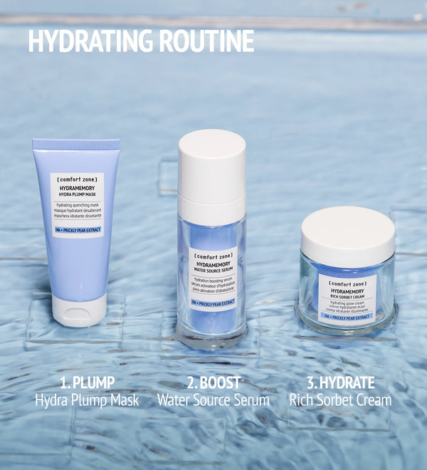 Three skincare products on a water surface backdrop labeled as a hydrating routine, featuring Hydramemory Hydra Plump Mask | [ comfort zone ] alongside Water Source Serum and Rich Sorbet Cream.