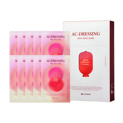 Leaders Skin Clinic Mask AC-Dressing | Leaders packaging featuring multiple individual pink sachets designed for sebum control as part of a skincare routine.