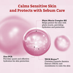 Graphic showing key skincare ingredients including Phyto Mucin Complex RX, Zinc PCA, and TECA Biome in a product that calms sensitive skin and provides sebum care, promoting hydration and protection, for Leaders Skin Clinic Mask AC-Dressing | Leaders.