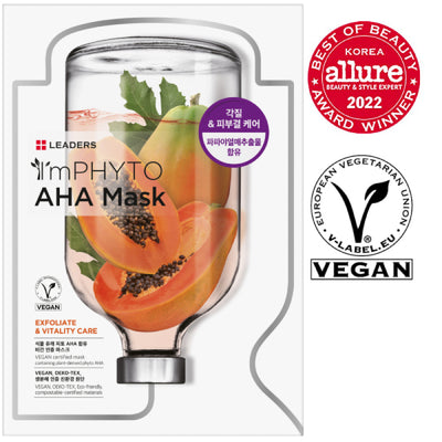 ImPHYTO AHA | Leaders exfoliating and vitality skincare mask with papaya extract, vegan certified, awarded for beauty excellence and suitable for body care routines.