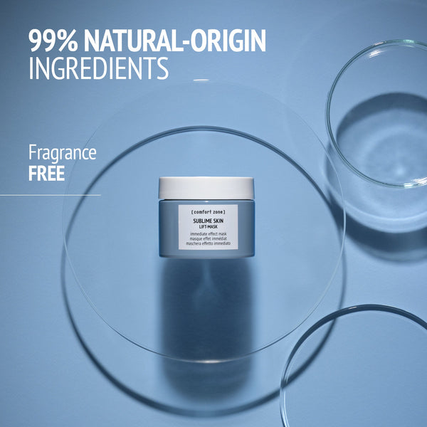 Close-up of a skincare cream jar inside a transparent glass dish on a blue surface, highlighting 99% natural-origin ingredients and fragrance-free with the product title Kit French Garden | [ comfort zone ].