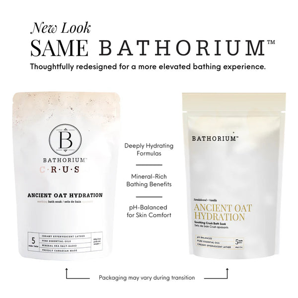 Ancient Oat Hydration Crush 120g/4oz| Bathorium packaging comparison showing new and original pouch designs with deeply hydrating mineral-rich bathing benefits.