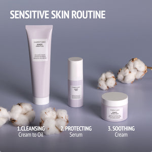 Three skincare products from Remedy Cream | [ comfort zone ] for sensitive skin routine including cream to oil cleanser, protecting serum, and soothing cream displayed with cotton branches on a gray background.