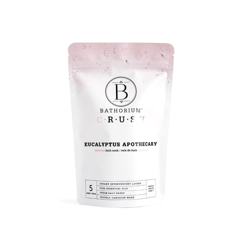 White and pale pink resealable pouch of Eucalyptus Apothecary Crush | Bathorium bath soak with branding and key features highlighting creamy effervescent lather and pure essential oils.